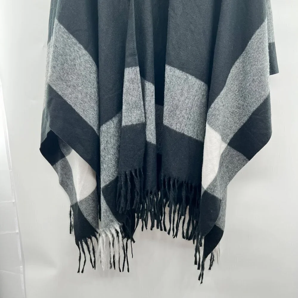 Belle by Kim Gravel Womens Open Front Poncho Cardigan Black/Gray One Size Fringe